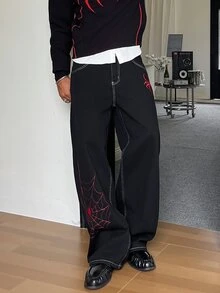 STEELVANCE 男士 Y2K 哥德街頭風圖案髒亂龐克黑紅蜘蛛蛛網刺繡寬鬆牛仔褲 街頭滑板鬆垮牛仔長褲 萬聖節海灘 - 黑色 - 查看 9