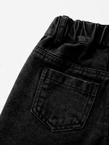 SHEIN 女童時尚可愛街頭風愛心刺繡寬鬆直筒牛仔長褲 - 黑色 - 查看 6