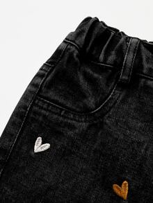 SHEIN 女童時尚可愛街頭風愛心刺繡寬鬆直筒牛仔長褲 - 黑色 - 查看 7