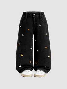 SHEIN 女童時尚可愛街頭風愛心刺繡寬鬆直筒牛仔長褲 - 黑色 - 查看 1