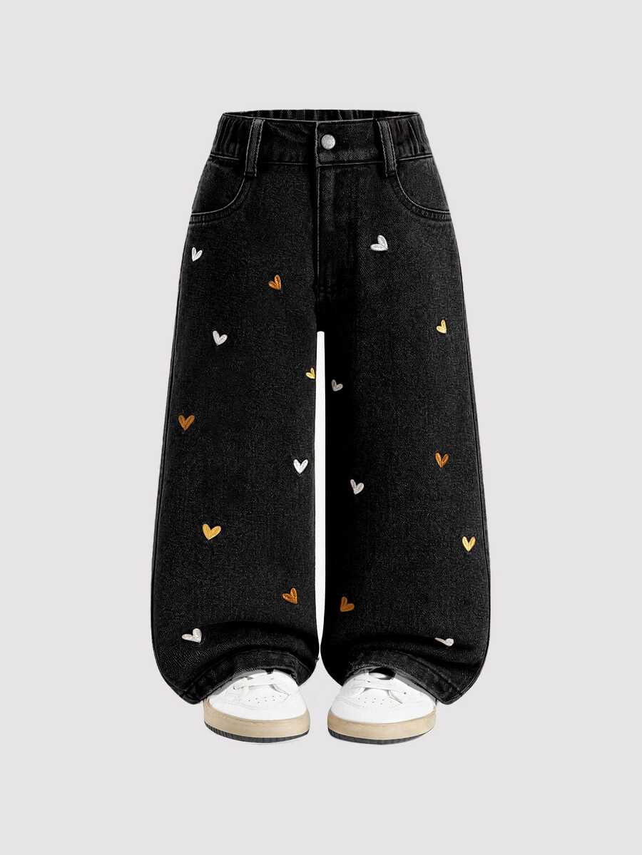 SHEIN 女童時尚可愛街頭風愛心刺繡寬鬆直筒牛仔長褲 - 黑色 - 查看 1