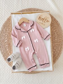 SHEIN 新生女嬰蝴蝶結粉色針織連身衣居家服 - 粉色 - 查看 3