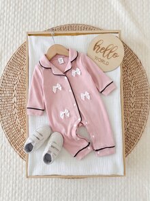 SHEIN 新生女嬰蝴蝶結粉色針織連身衣居家服 - 粉色 - 查看 6