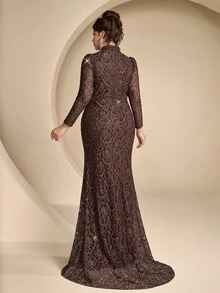 Coutiva Plus Size Women's Stand Collar Hollow Out Design Lace Mermaid Hem Elegant Classy Formal Dinner Evening Gown (Heavy Workmanship) Brown Fall - Brown - View 2
