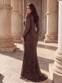 Coutiva Plus Size Women's Stand Collar Hollow Out Design Lace Mermaid Hem Elegant Classy Formal Dinner Evening Gown (Heavy Workmanship) Brown Fall - Brown - View 8