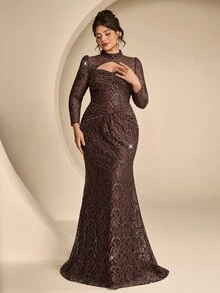 Coutiva Plus Size Women's Stand Collar Hollow Out Design Lace Mermaid Hem Elegant Classy Formal Dinner Evening Gown (Heavy Workmanship) Brown Fall - Brown - View 3