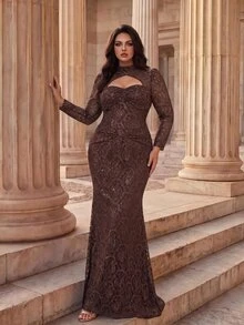Coutiva Plus Size Women's Stand Collar Hollow Out Design Lace Mermaid Hem Elegant Classy Formal Dinner Evening Gown (Heavy Workmanship) Brown Fall - Brown - View 11