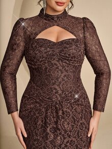 Coutiva Plus Size Women's Stand Collar Hollow Out Design Lace Mermaid Hem Elegant Classy Formal Dinner Evening Gown (Heavy Workmanship) Brown Fall - Brown - View 5