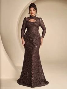 Coutiva Plus Size Women's Stand Collar Hollow Out Design Lace Mermaid Hem Elegant Classy Formal Dinner Evening Gown (Heavy Workmanship) Brown Fall - Brown - View 7