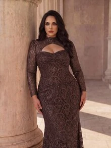 Coutiva Plus Size Women's Stand Collar Hollow Out Design Lace Mermaid Hem Elegant Classy Formal Dinner Evening Gown (Heavy Workmanship) Brown Fall - Brown - View 9