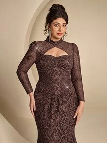 Coutiva Plus Size Women's Stand Collar Hollow Out Design Lace Mermaid Hem Elegant Classy Formal Dinner Evening Gown (Heavy Workmanship) Brown Fall - Brown - View 6