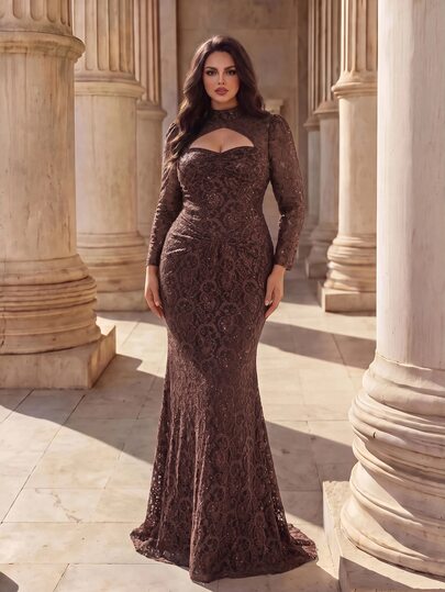 Coutiva Plus Size Women's Stand Collar Hollow Out Design Lace Mermaid Hem Elegant Formal Evening Gown (Heavy Workmanship)