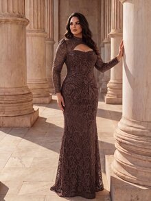 Coutiva Plus Size Women's Stand Collar Hollow Out Design Lace Mermaid Hem Elegant Classy Formal Dinner Evening Gown (Heavy Workmanship) Brown Fall - Brown - View 12