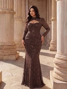 Coutiva Plus Size Women's Stand Collar Hollow Out Design Lace Mermaid Hem Elegant Classy Formal Dinner Evening Gown (Heavy Workmanship) Brown Fall - Brown - View 10