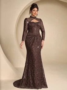 Coutiva Plus Size Women's Stand Collar Hollow Out Design Lace Mermaid Hem Elegant Classy Formal Dinner Evening Gown (Heavy Workmanship) Brown Fall - Brown - View 1