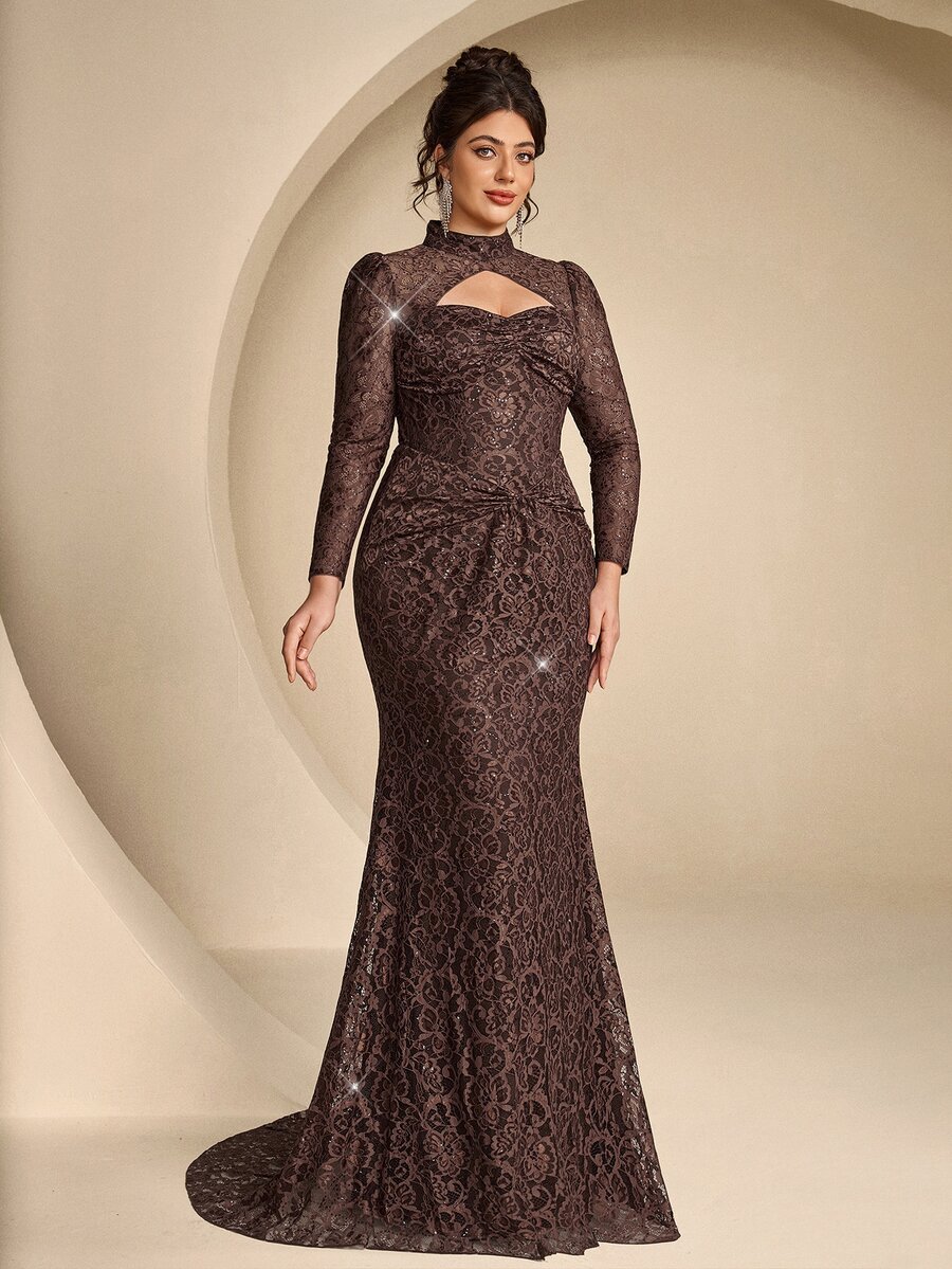 Coutiva Plus Size Women's Stand Collar Hollow Out Design Lace Mermaid Hem Elegant Classy Formal Dinner Evening Gown (Heavy Workmanship) Brown Fall - Brown - View 1