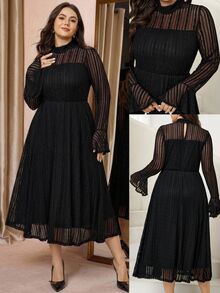 Comfylo Plus Mock Neck Flounce Sleeve Mesh Dress Fall - Black - View 11