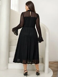 Comfylo Plus Mock Neck Flounce Sleeve Mesh Dress Fall - Black - View 7