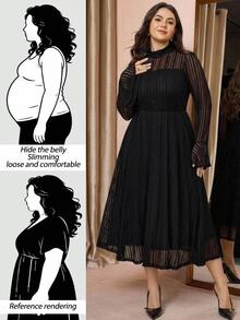 Comfylo Plus Mock Neck Flounce Sleeve Mesh Dress Fall - Black - View 2