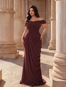 Coutiva Plus Size Women's Off-Shoulder Pleated Design Mermaid Hem Elegant Formal Evening Gown - Coffee Brown - View 10