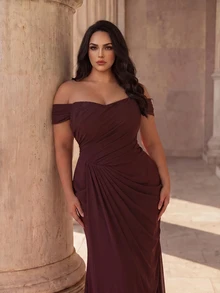 Coutiva Plus Size Women's Off-Shoulder Pleated Design Mermaid Hem Elegant Formal Evening Gown - Coffee Brown - View 11
