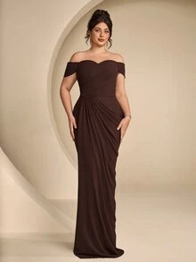 Coutiva Plus Size Women's Off-Shoulder Pleated Design Mermaid Hem Elegant Formal Evening Gown - Coffee Brown - View 9