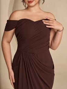 Coutiva Plus Size Women's Off-Shoulder Pleated Design Mermaid Hem Elegant Formal Evening Gown - Coffee Brown - View 5