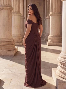 Coutiva Plus Size Women's Off-Shoulder Pleated Design Mermaid Hem Elegant Formal Evening Gown - Coffee Brown - View 8