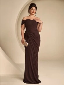 Coutiva Plus Size Women's Off-Shoulder Pleated Design Mermaid Hem Elegant Formal Evening Gown - Coffee Brown - View 3