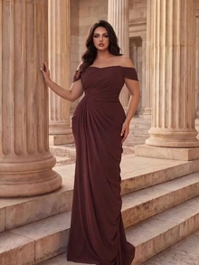 Coutiva Plus Size Women's Off-Shoulder Pleated Design Mermaid Hem Elegant Formal Evening Gown - Coffee Brown - View 12