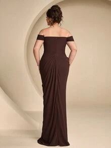 Coutiva Plus Size Women's Off-Shoulder Pleated Design Mermaid Hem Elegant Formal Evening Gown - Coffee Brown - View 2
