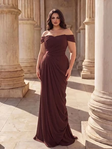 Coutiva Plus Size Women's Off-Shoulder Pleated Design Mermaid Hem Elegant Formal Evening Gown - Coffee Brown - View 7