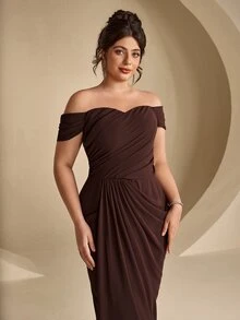 Coutiva Plus Size Women's Off-Shoulder Pleated Design Mermaid Hem Elegant Formal Evening Gown - Coffee Brown - View 6