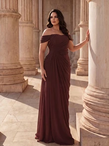 Coutiva Plus Size Women's Off-Shoulder Pleated Design Mermaid Hem Elegant Formal Evening Gown - Coffee Brown - View 1