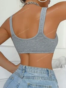 Eassivo Eassivo Solid Ribbed Knit Simple Front Closure Padded Bra - Grey - View 3