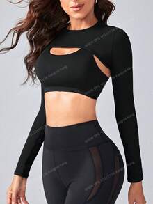 Eassivo Eassivo 1pc Solid Super Crop Top Fitted Long Sleeve Shirt - Black - View 3