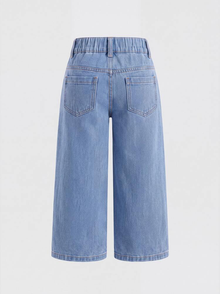 SHEIN Girls' Fashionable Cute Street Style Heart Embroidered Loose Fit Straight Leg Denim Jeans Autumn Winter - Blue - View 2