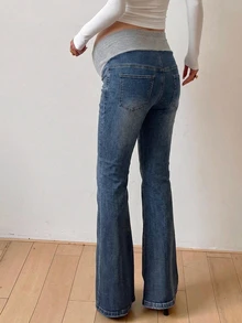 DAZY High Elastic Slim Fit Solid Color Washed Blue Flare Leg Denim Jeans, All Season Elegant Versatile Patchwork Belly Support Adjustable Maternity Jeans - Medium Wash - View 2
