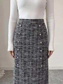 Elenzga Autumn/Winter Party & Commute Tweed Fabric Button Decor High Waist A-Line Skirt Elegant Fashion - Black - View 3