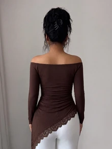 SHEIN Elenzya Off-Shoulder Ruched Long Sleeve T-Shirt With Asymmetrical Hem And Eyelash Lace Trim, Slim Fit Long Top - Brown - View 3