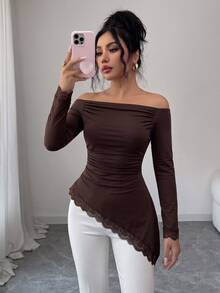 SHEIN Elenzya Off-Shoulder Ruched Long Sleeve T-Shirt With Asymmetrical Hem And Eyelash Lace Trim, Slim Fit Long Top - Brown - View 8
