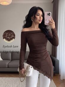 SHEIN Elenzya Off-Shoulder Ruched Long Sleeve T-Shirt With Asymmetrical Hem And Eyelash Lace Trim, Slim Fit Long Top - Brown - View 2