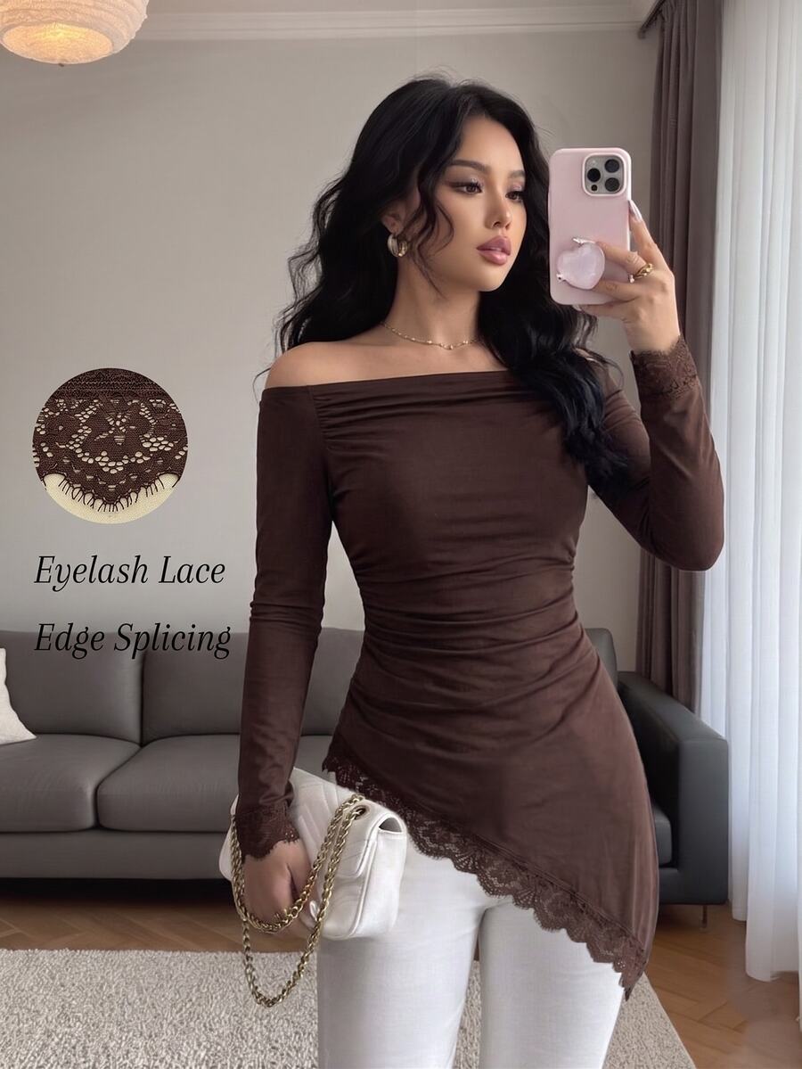 SHEIN Elenzya Off-Shoulder Ruched Long Sleeve T-Shirt With Asymmetrical Hem And Eyelash Lace Trim, Slim Fit Long Top