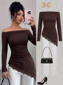 SHEIN Elenzya Off-Shoulder Ruched Long Sleeve T-Shirt With Asymmetrical Hem And Eyelash Lace Trim, Slim Fit Long Top - Brown - View 7