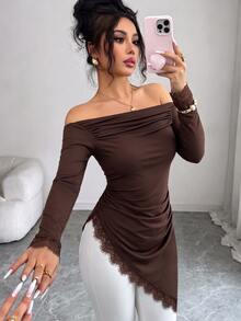 SHEIN Elenzya Off-Shoulder Ruched Long Sleeve T-Shirt With Asymmetrical Hem And Eyelash Lace Trim, Slim Fit Long Top - Brown - View 6