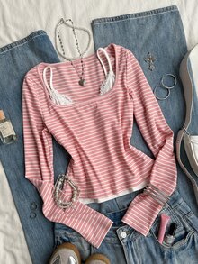 Attitoon Set 2pcs Gaya Minimalis Kasual, Cocok untuk Semua Ukuran: Tank Top Putih & Kaos Lengan Panjang Berkerah Persegi dengan Garis-garis Pink, Serbaguna untuk Musim Gugur/Dingin - MultiWarna - View 6