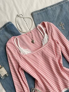 Attitoon Set 2pcs Gaya Minimalis Kasual, Cocok untuk Semua Ukuran: Tank Top Putih & Kaos Lengan Panjang Berkerah Persegi dengan Garis-garis Pink, Serbaguna untuk Musim Gugur/Dingin - MultiWarna - View 5