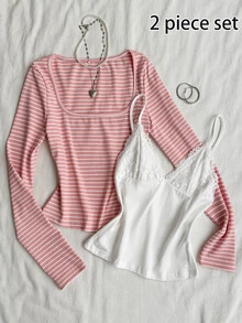 Attitoon Set 2pcs Gaya Minimalis Kasual, Cocok untuk Semua Ukuran: Tank Top Putih & Kaos Lengan Panjang Berkerah Persegi dengan Garis-garis Pink, Serbaguna untuk Musim Gugur/Dingin - MultiWarna - View 2