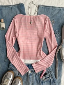 Attitoon Set 2pcs Gaya Minimalis Kasual, Cocok untuk Semua Ukuran: Tank Top Putih & Kaos Lengan Panjang Berkerah Persegi dengan Garis-garis Pink, Serbaguna untuk Musim Gugur/Dingin - MultiWarna - View 7
