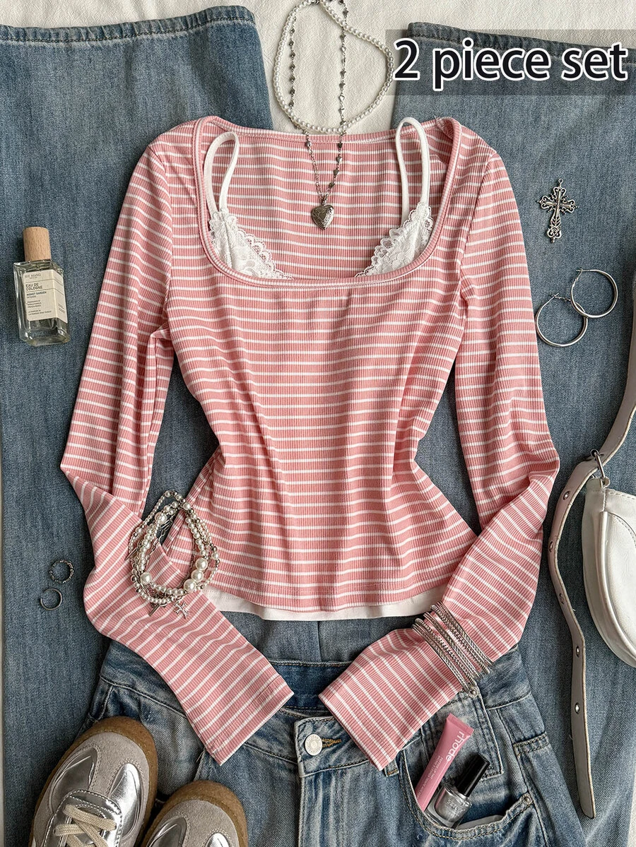 Attitoon Set 2pcs Gaya Minimalis Kasual, Cocok untuk Semua Ukuran: Tank Top Putih & Kaos Lengan Panjang Berkerah Persegi dengan Garis-garis Pink, Serbaguna untuk Musim Gugur/Dingin - MultiWarna - View 1